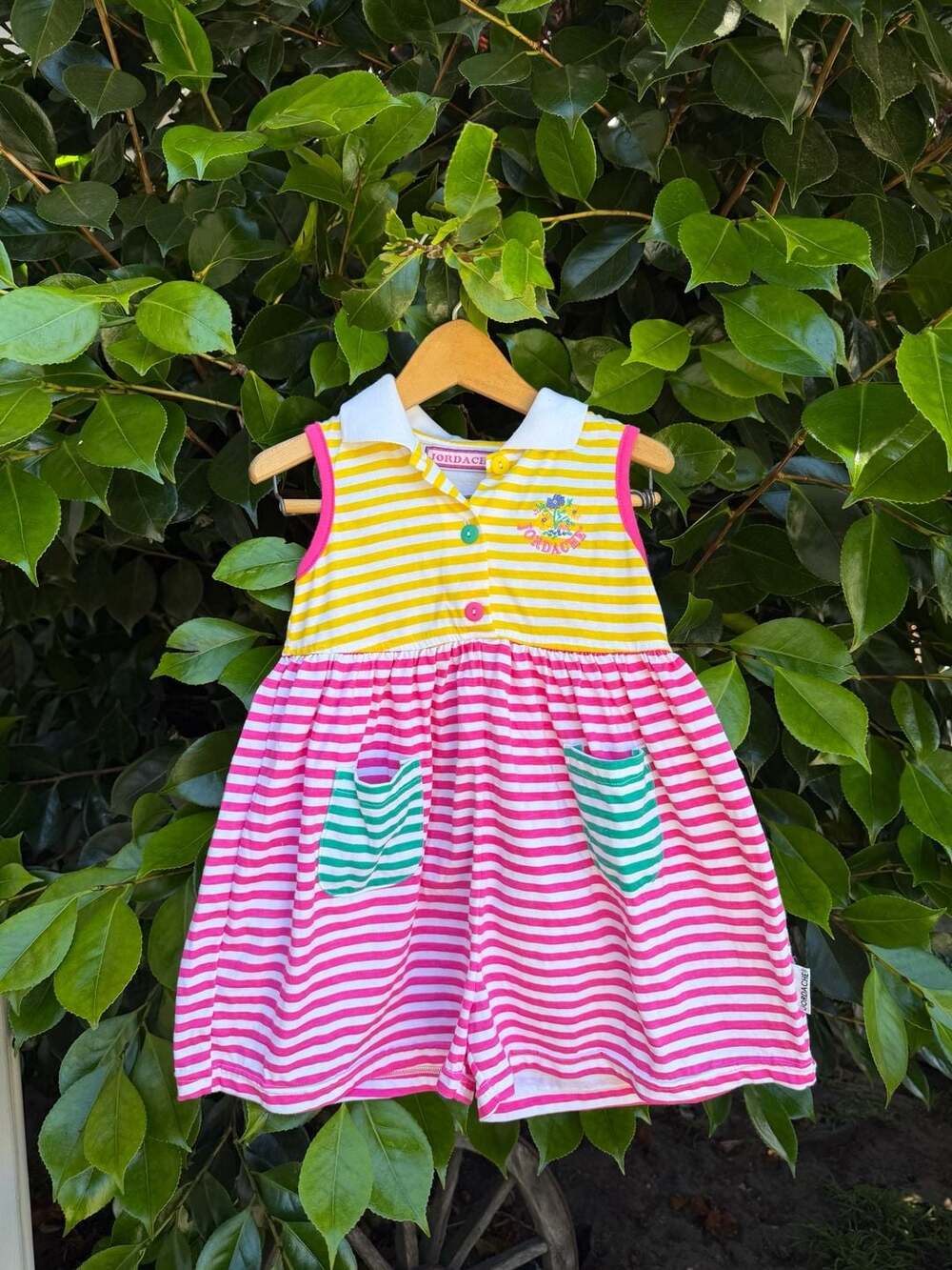 Vintage Jordache Girls Striped Romper Dress with Floral Embroidery